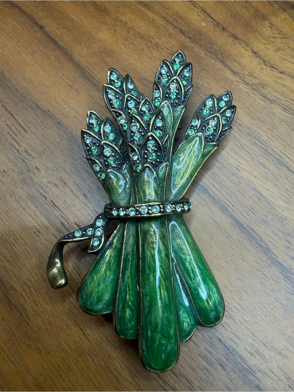 Heidi Daus Vintage Green Enamel and Rhinestone Asparagus Brooch.